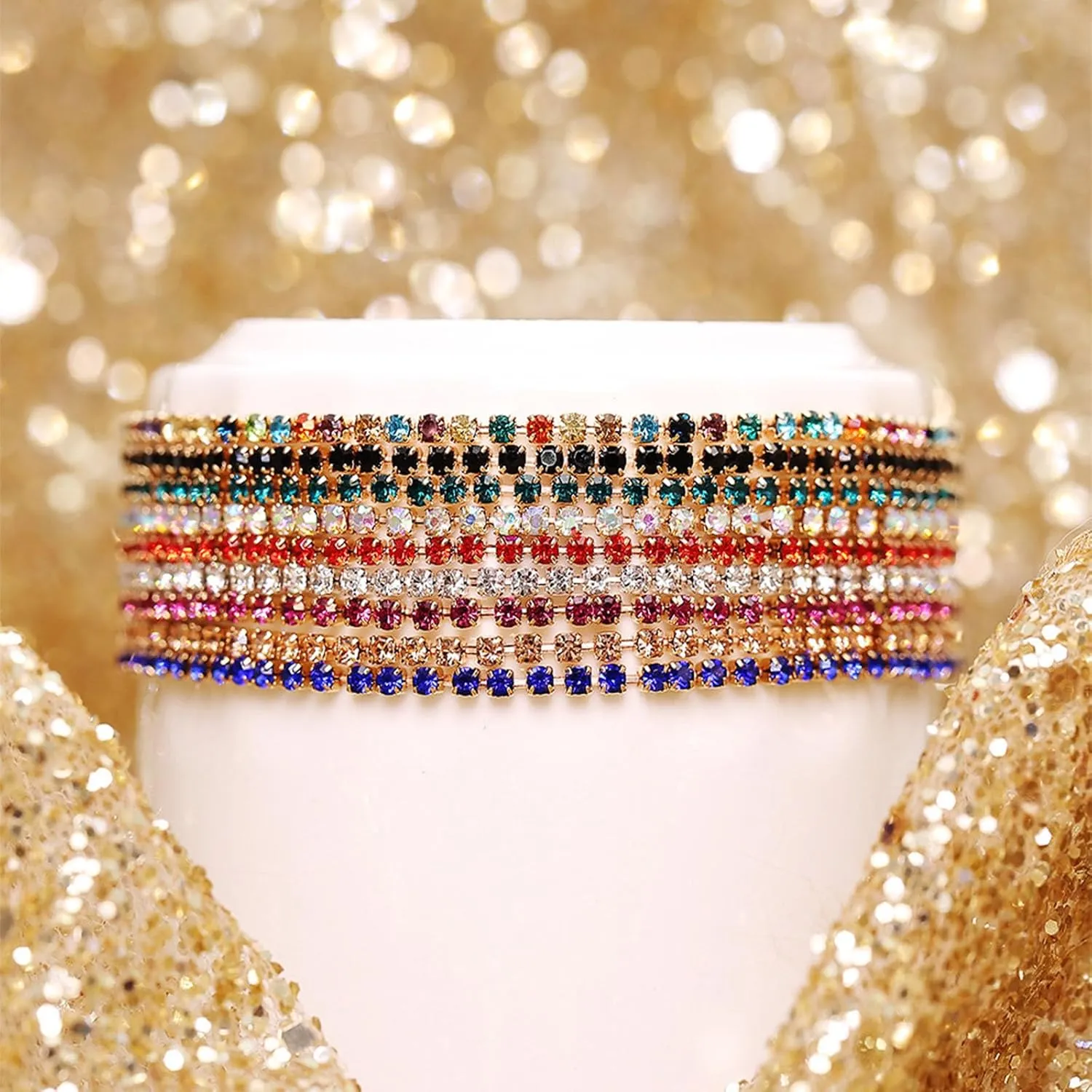 10Pcs 14K Gold Plated Dainty Sparkling Colorful Cubic Zircon Crystal Beaded Stackable Stretch Rhinestone Adjustable Tennis Chain Bracelets Birthday Jewelry for Women