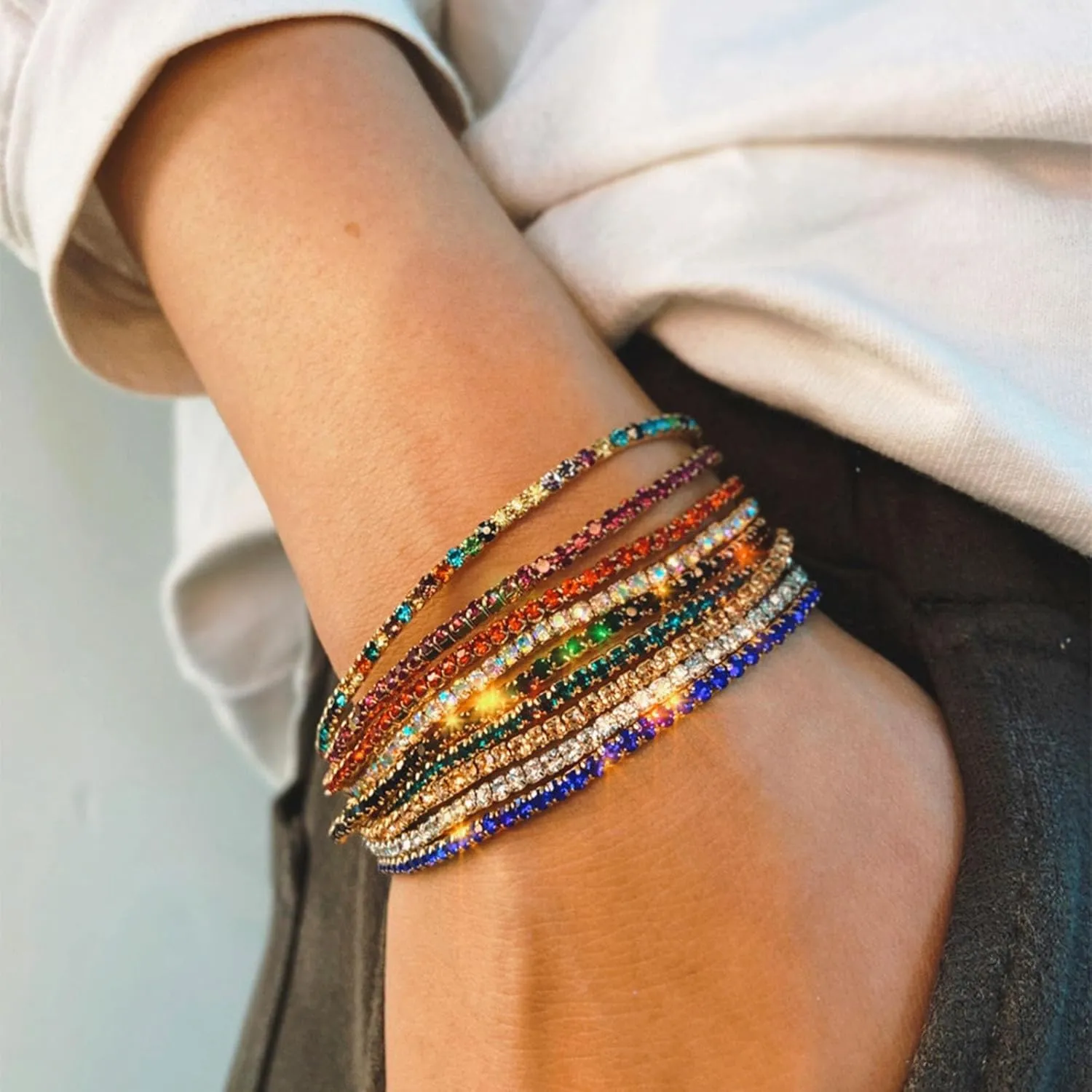 10Pcs 14K Gold Plated Dainty Sparkling Colorful Cubic Zircon Crystal Beaded Stackable Stretch Rhinestone Adjustable Tennis Chain Bracelets Birthday Jewelry for Women