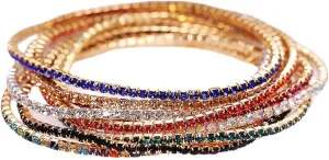 10Pcs 14K Gold Plated Dainty Sparkling Colorful Cubic Zircon Crystal Beaded Stackable Stretch Rhinestone Adjustable Tennis Chain Bracelets Birthday Jewelry for Women