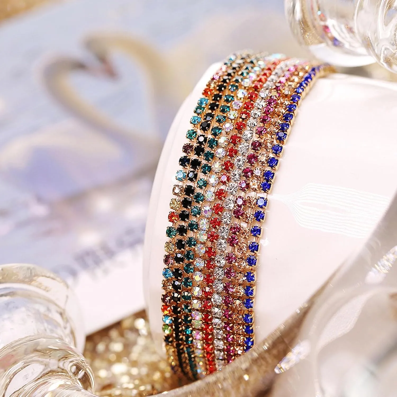 10Pcs 14K Gold Plated Dainty Sparkling Colorful Cubic Zircon Crystal Beaded Stackable Stretch Rhinestone Adjustable Tennis Chain Bracelets Birthday Jewelry for Women