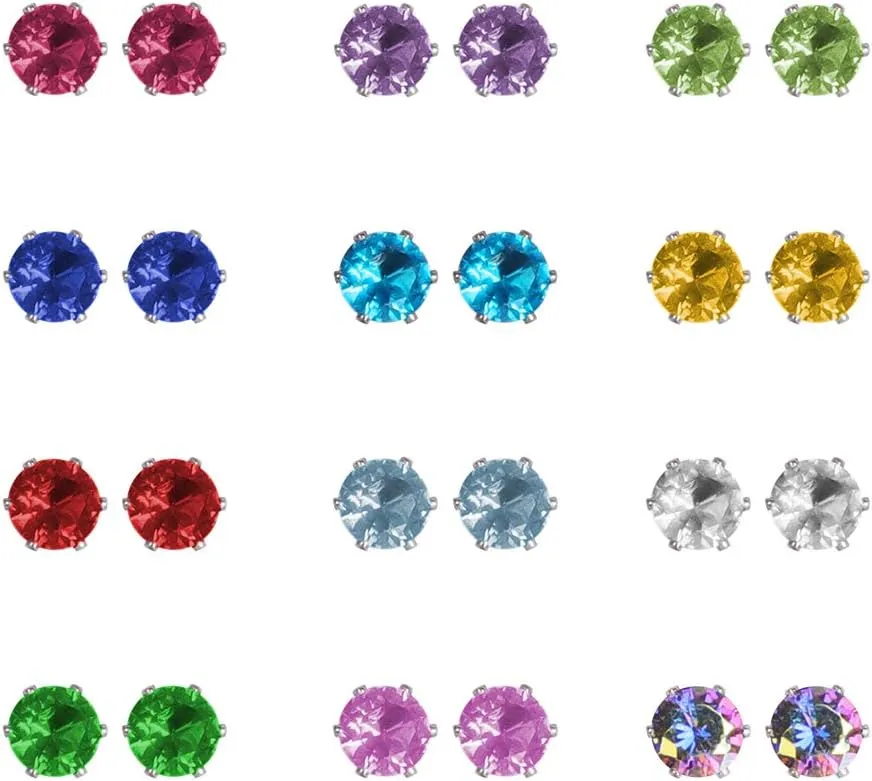 12 Pairs Stainless Steel CZ Stud Earrings for Women, Brilliant Cut Round Cubic Zirconia Stud Earrings, Birthstone Stud Earrings Set