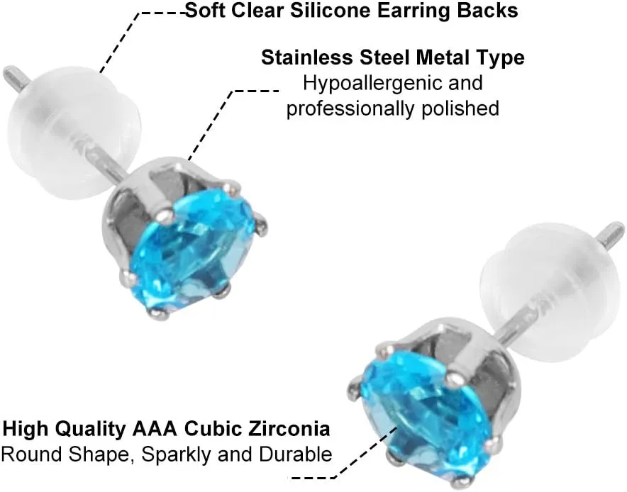 12 Pairs Stainless Steel CZ Stud Earrings for Women, Brilliant Cut Round Cubic Zirconia Stud Earrings, Birthstone Stud Earrings Set