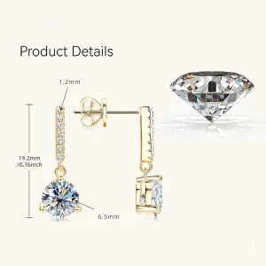 14K Gold 1 Carat Diamond Drop Earrings for Women, VVS1 Clarity Round Cut Three Prongs Dangle Earrings, Exclusive Ear Accessories