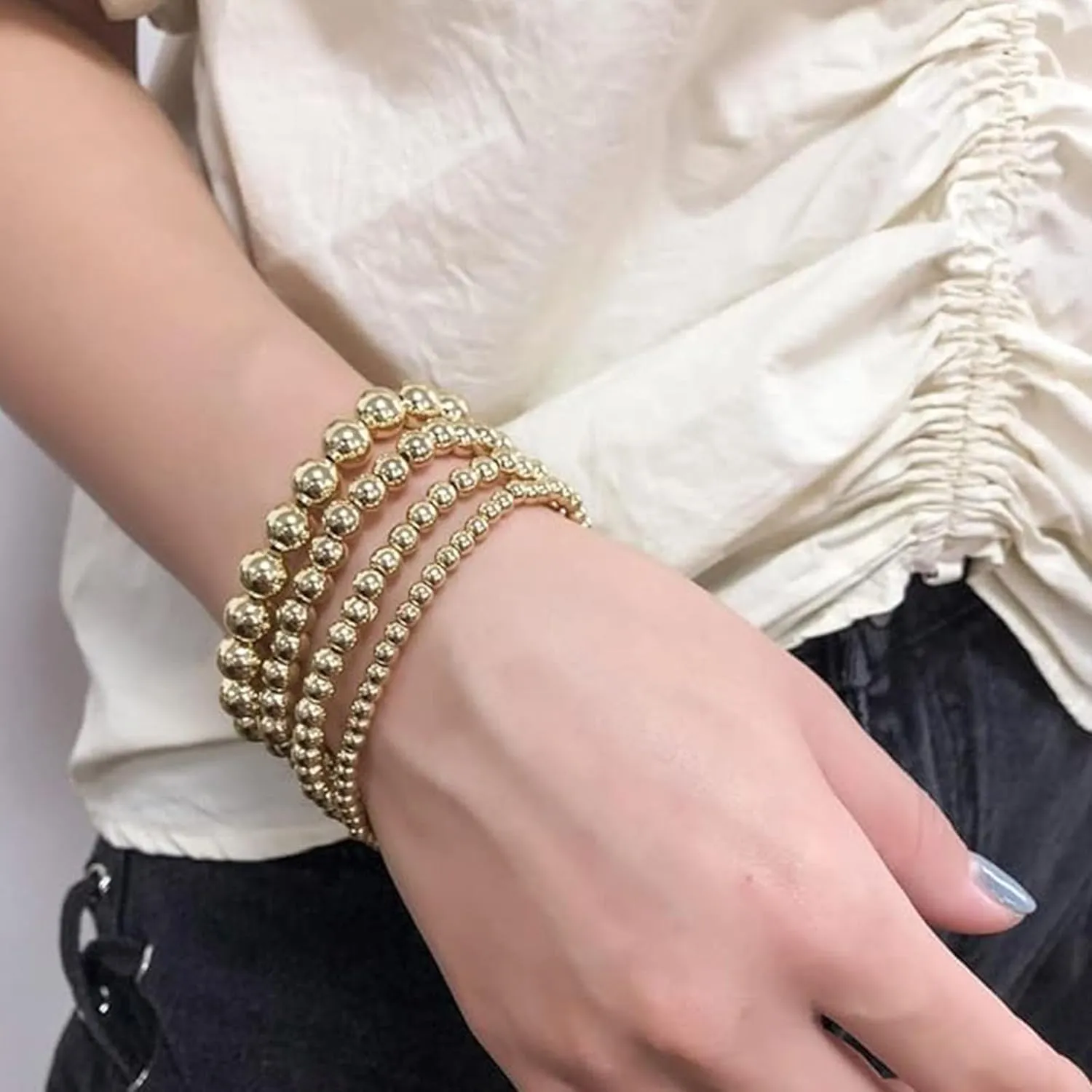 14k Gold Plated 2-4Pcs Handmade Bohemian Gold Round Square Beaded Link Chain Adjustable Stackable Stretch Lightweight Punk Bracelet Dainty Cool Jewelry for Women