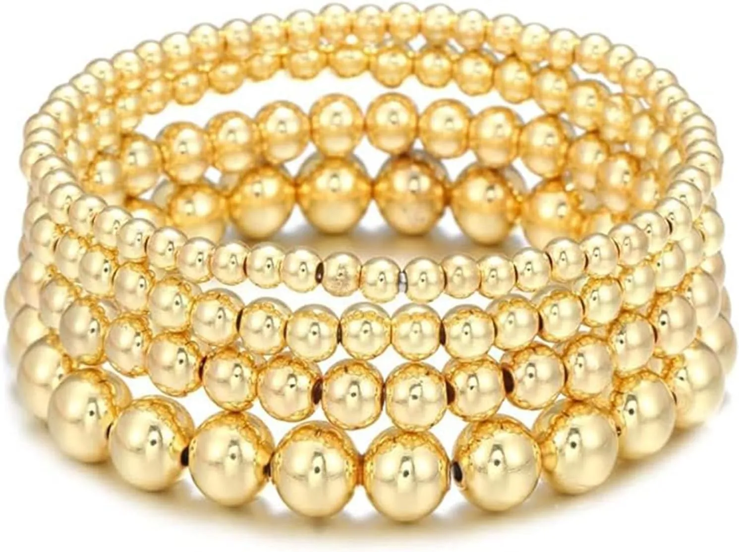 14k Gold Plated 2-4Pcs Handmade Bohemian Gold Round Square Beaded Link Chain Adjustable Stackable Stretch Lightweight Punk Bracelet Dainty Cool Jewelry for Women