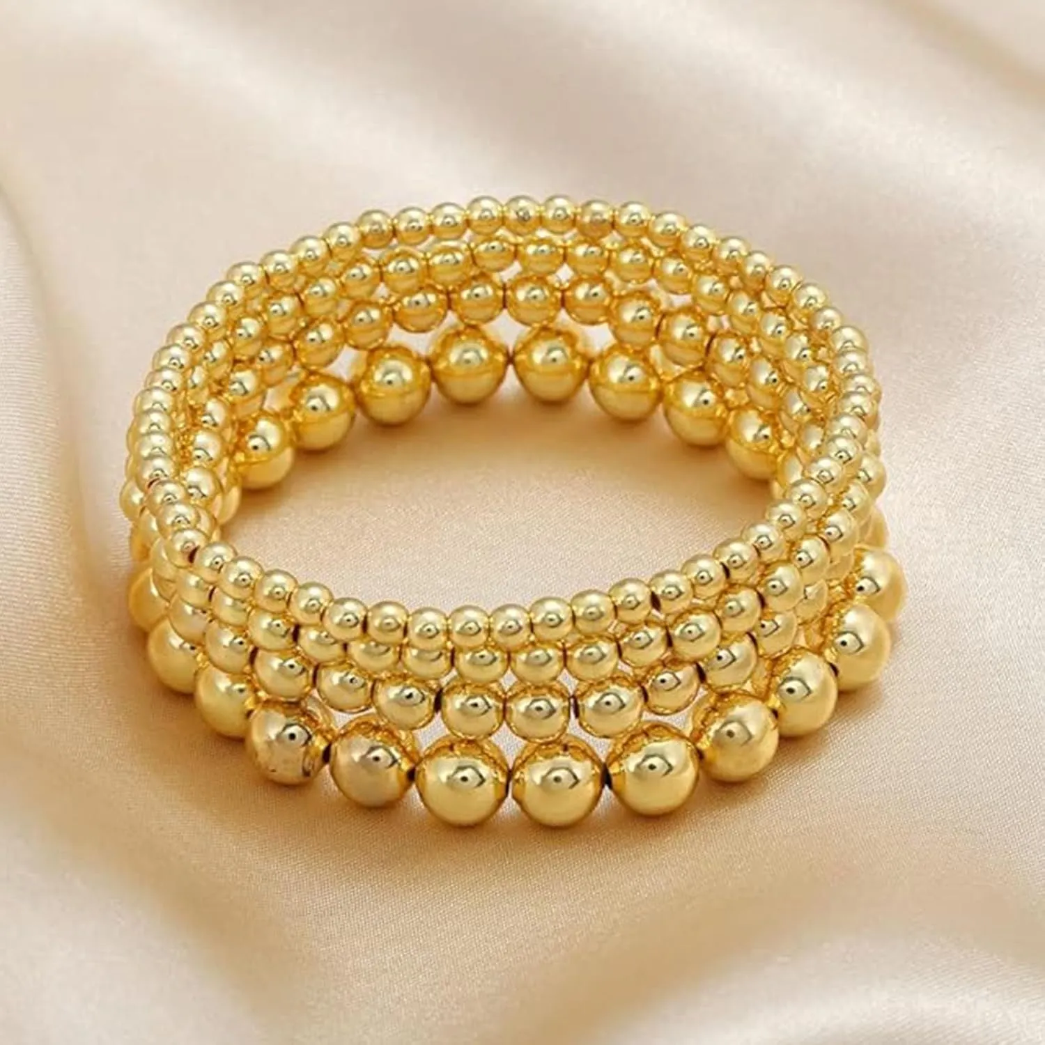 14k Gold Plated 2-4Pcs Handmade Bohemian Gold Round Square Beaded Link Chain Adjustable Stackable Stretch Lightweight Punk Bracelet Dainty Cool Jewelry for Women