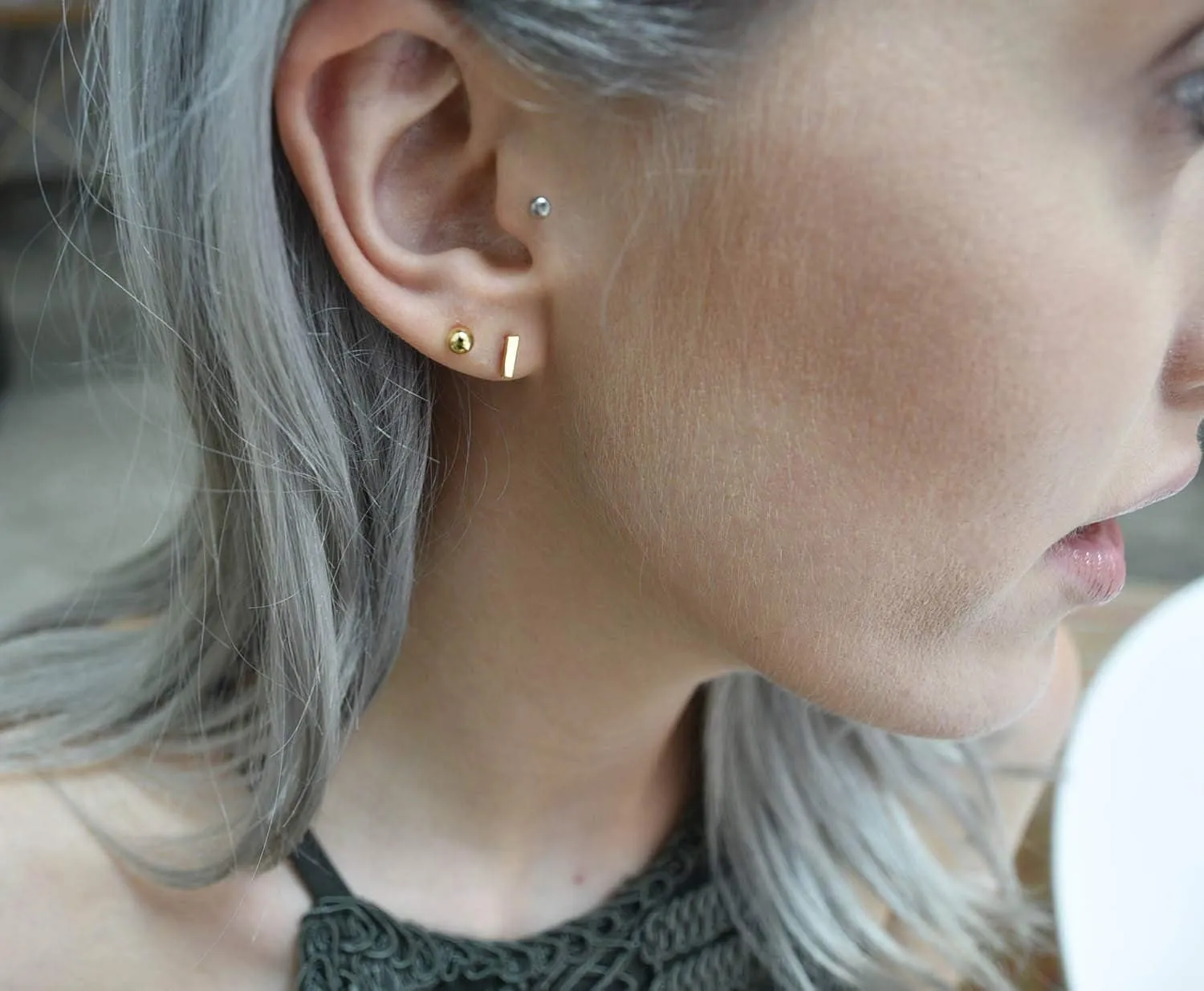 14K Gold Plated Dainty Tiny Bar, Ball, Trio Ball, Delta, Circle Disc and Heart Stud Earrings