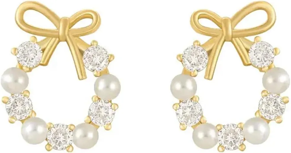 14K Gold Wreath Pearl and Diamond Stud Earrings