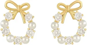 14K Gold Wreath Pearl and Diamond Stud Earrings