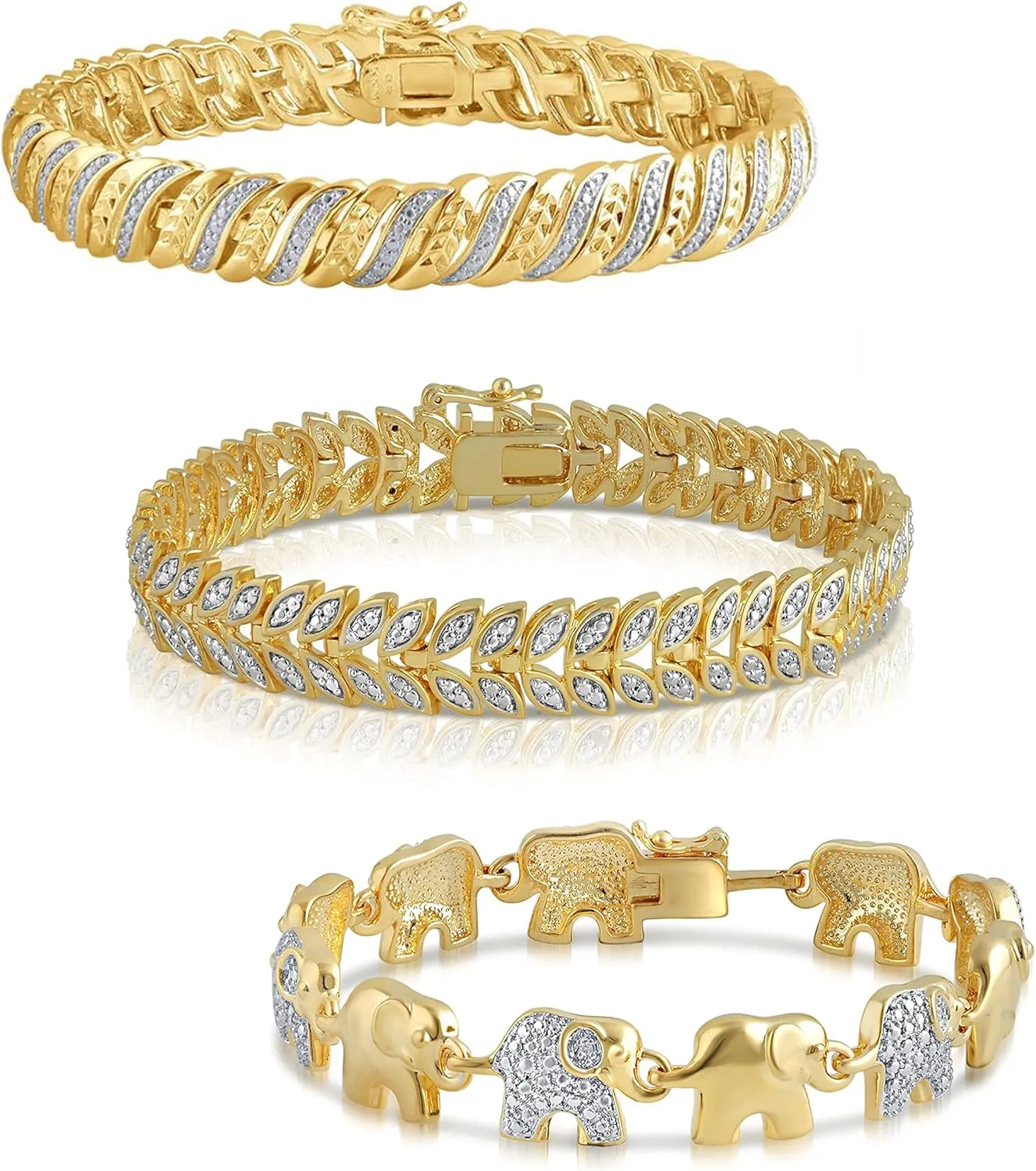 14K Yellow Gold over Brass Diamond Accent 3 pc Bracelet Set for Women Wedding Jewelry (Leaf Design, Elephant Shape, S Design)