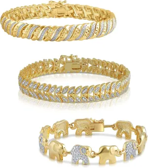 14K Yellow Gold over Brass Diamond Accent 3 pc Bracelet Set for Women Wedding Jewelry (Leaf Design, Elephant Shape, S Design)
