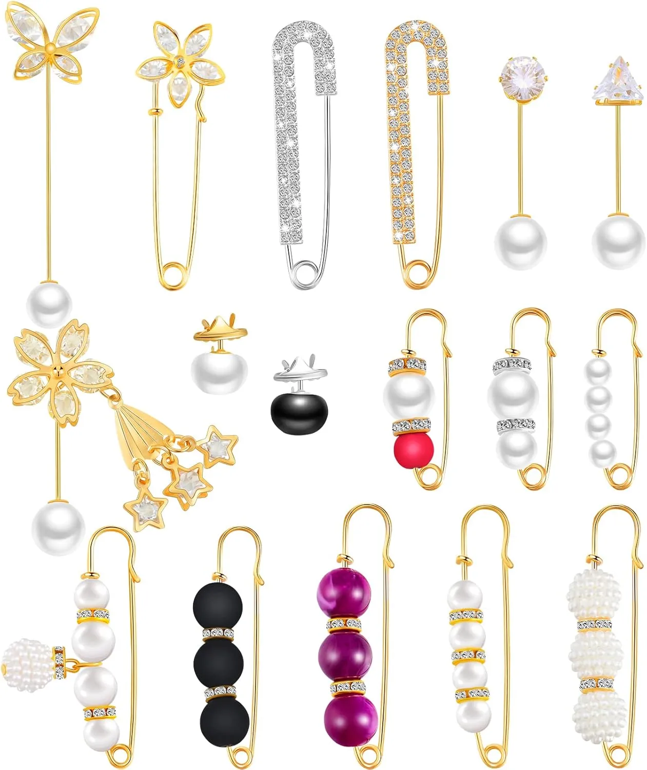17 Pieces Pearl Brooch Pins Sweater Shawl Clips Faux Pearl Rhinestones Collar Safety Pin for Women Clothing Dresses Decoration Accessories with Storage Box