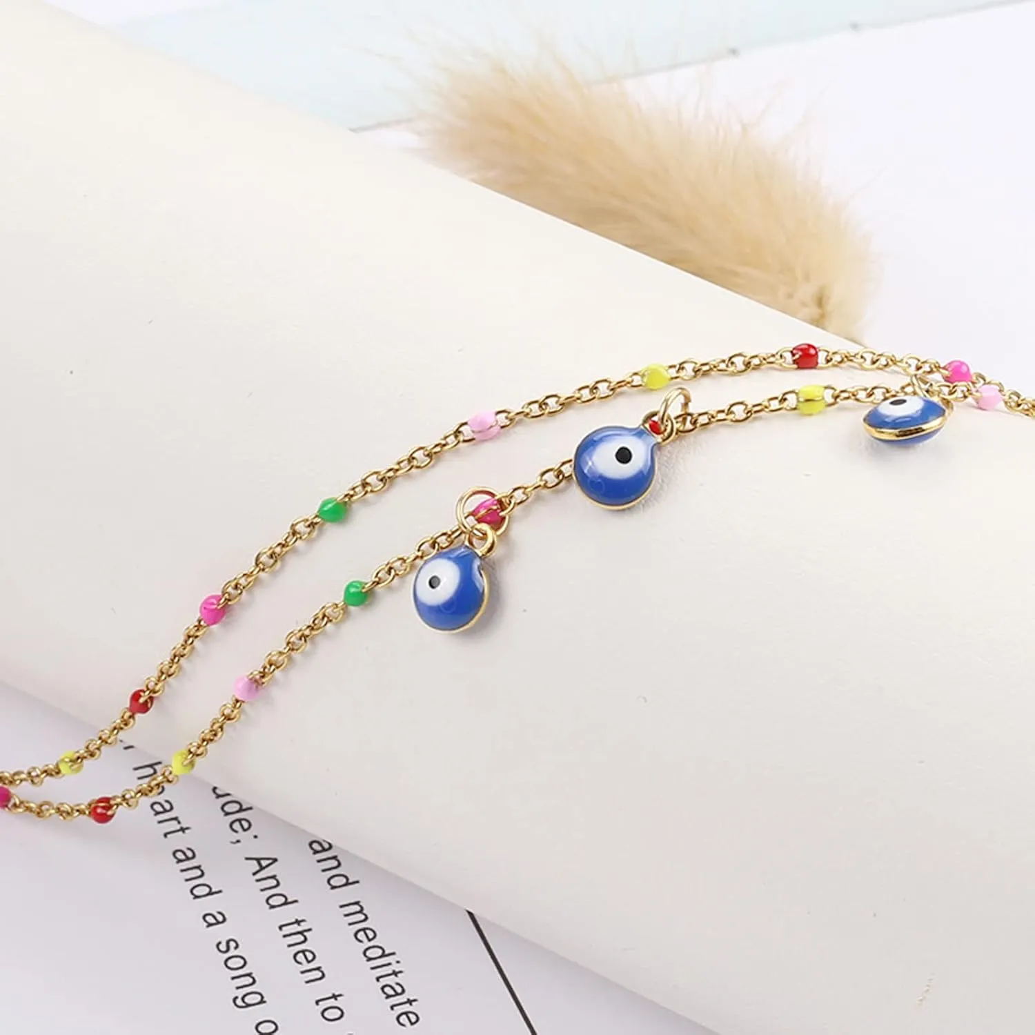 18K Gold Plated Ankle Bracelets for Women Dainty Layered Evil Eye Pearl Heart Gold Anklet for Women Teen Girls Stainless Steel Plus Size Ankle Bracelet Bohemian Foot Beach Jewelry