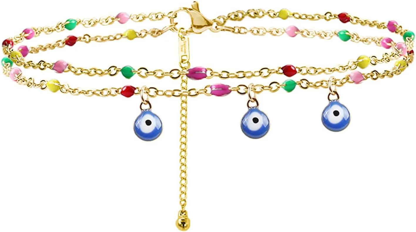 18K Gold Plated Ankle Bracelets for Women Dainty Layered Evil Eye Pearl Heart Gold Anklet for Women Teen Girls Stainless Steel Plus Size Ankle Bracelet Bohemian Foot Beach Jewelry