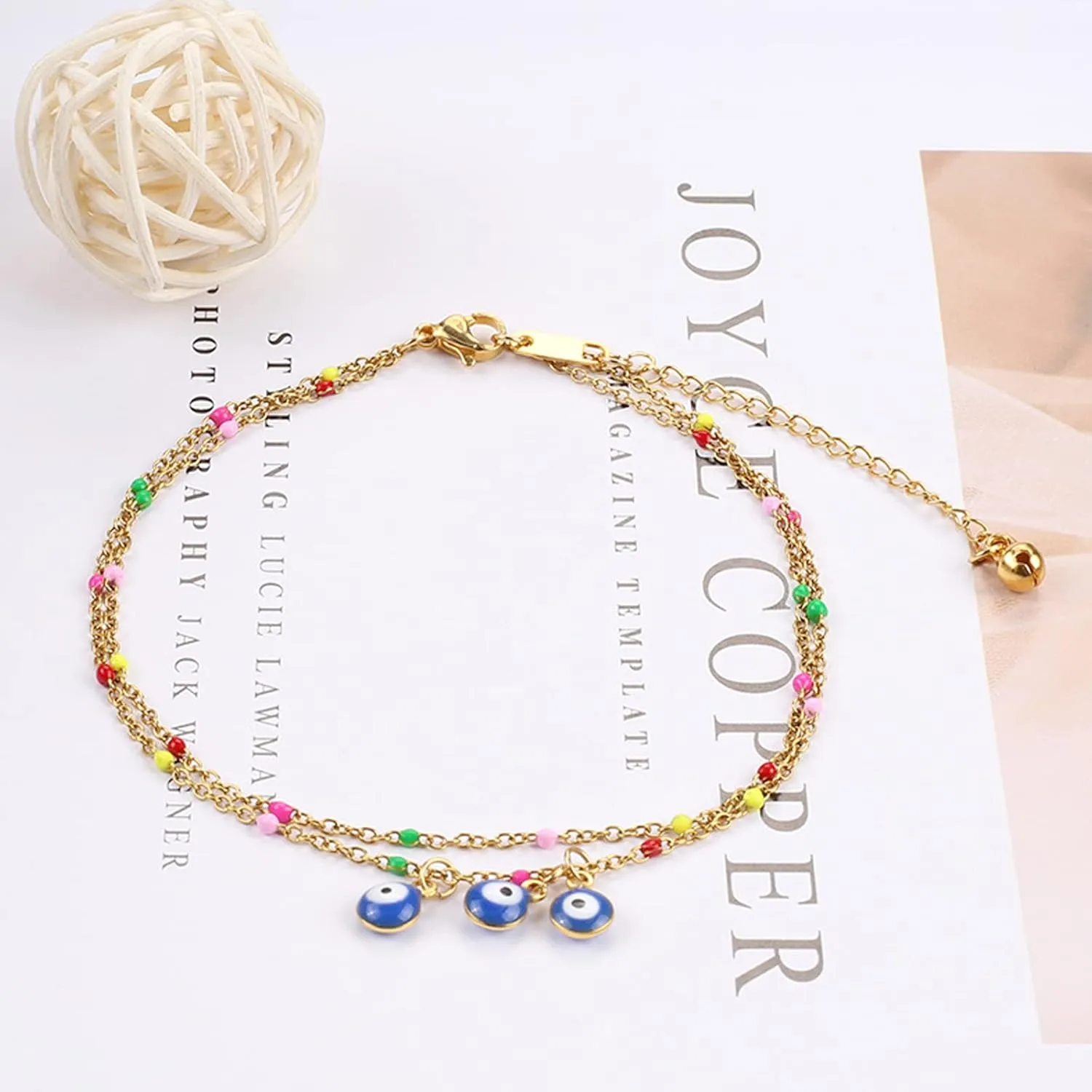18K Gold Plated Ankle Bracelets for Women Dainty Layered Evil Eye Pearl Heart Gold Anklet for Women Teen Girls Stainless Steel Plus Size Ankle Bracelet Bohemian Foot Beach Jewelry