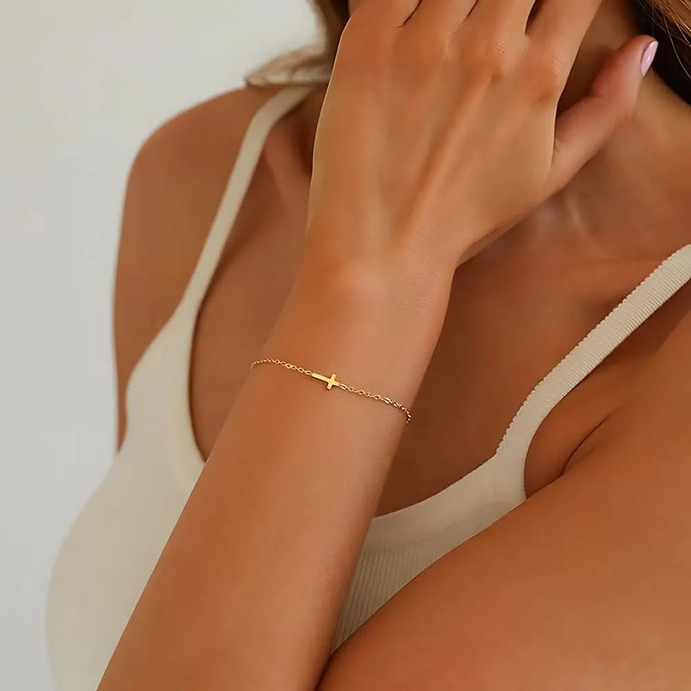 18K Gold Plated Cross Link Bracelets for Women | Tiny Cute Cross Bracelet | Beaded Bracelet | Hip Hop Knot | Hand Chain Bracelets | Gold Jewelry Gifts for Women