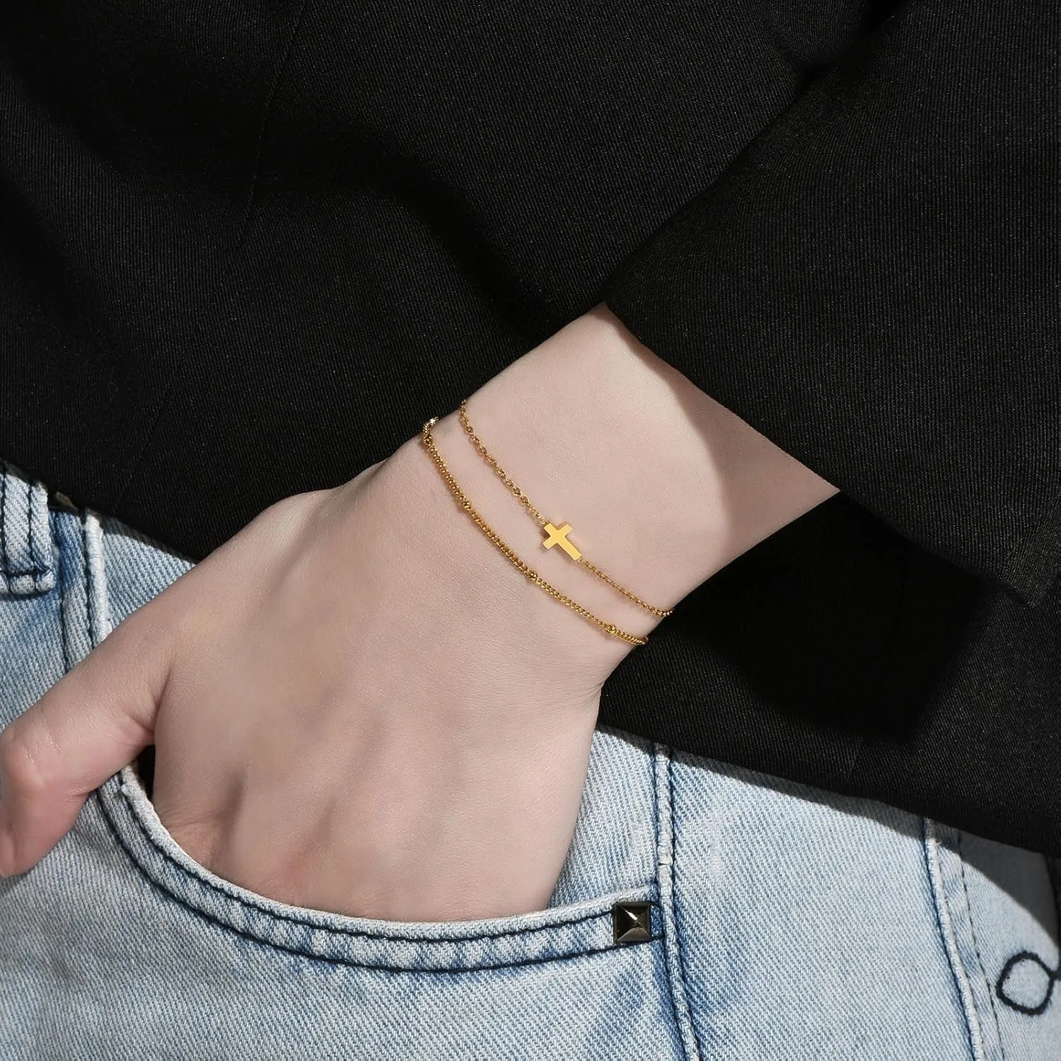 18K Gold Plated Cross Link Bracelets for Women | Tiny Cute Cross Bracelet | Beaded Bracelet | Hip Hop Knot | Hand Chain Bracelets | Gold Jewelry Gifts for Women