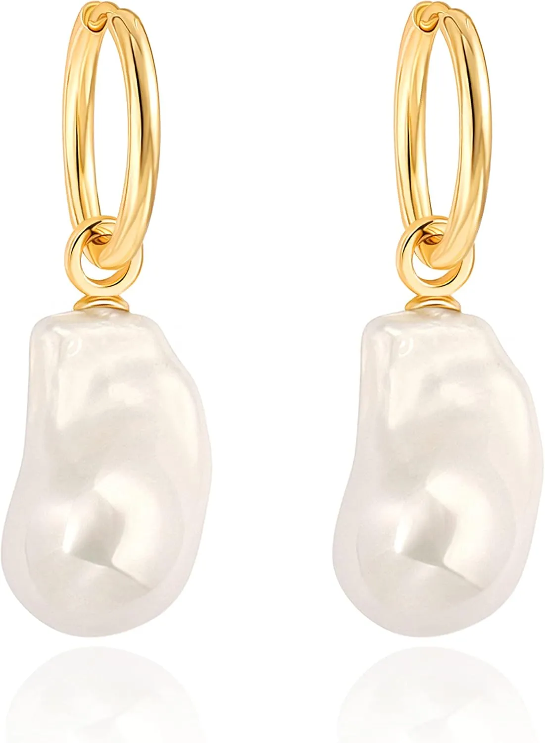 18K Gold Plated Leverback Hoop Handpicked White Shell Pearl Drop Dangle Earring for Women Minimalist Pearl Stud Ear Jewelry for Wedding Bridesmaids Gift