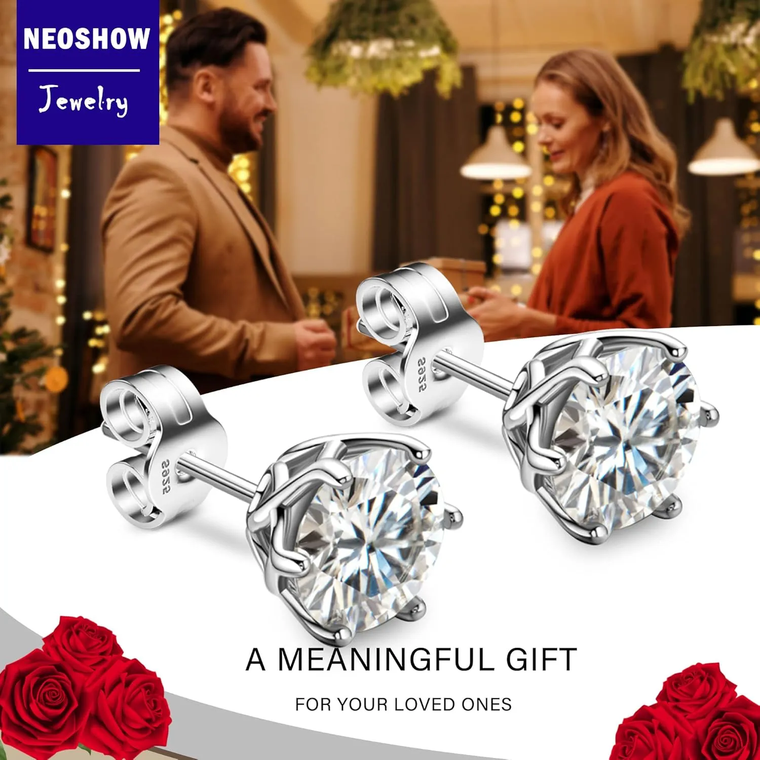 18K White Gold Plated Brilliant Cut Simulated Diamond Cubic Zirconia Stud Earrings Sterling Silver Hypoallergenic CZ Stud Earrings for Women Men 6 Prongs Setting
