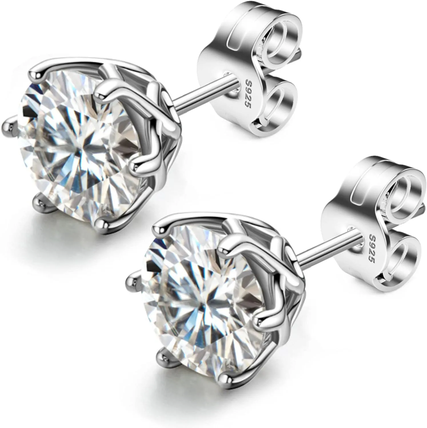 18K White Gold Plated Brilliant Cut Simulated Diamond Cubic Zirconia Stud Earrings Sterling Silver Hypoallergenic CZ Stud Earrings for Women Men 6 Prongs Setting