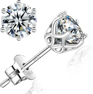 18K White Gold Plated Brilliant Cut Simulated Diamond Cubic Zirconia Stud Earrings Sterling Silver Hypoallergenic CZ Stud Earrings for Women Men 6 Prongs Setting