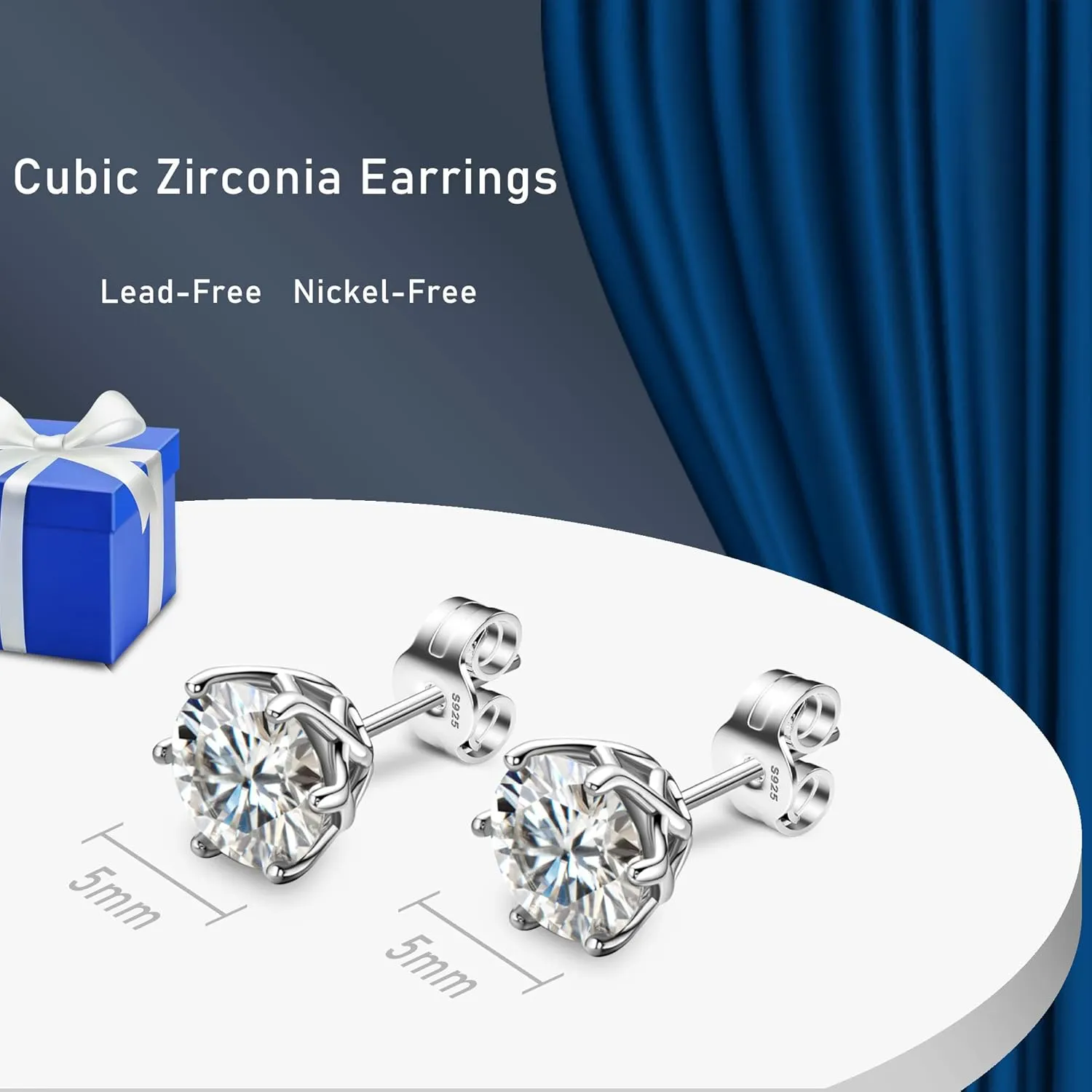 18K White Gold Plated Brilliant Cut Simulated Diamond Cubic Zirconia Stud Earrings Sterling Silver Hypoallergenic CZ Stud Earrings for Women Men 6 Prongs Setting