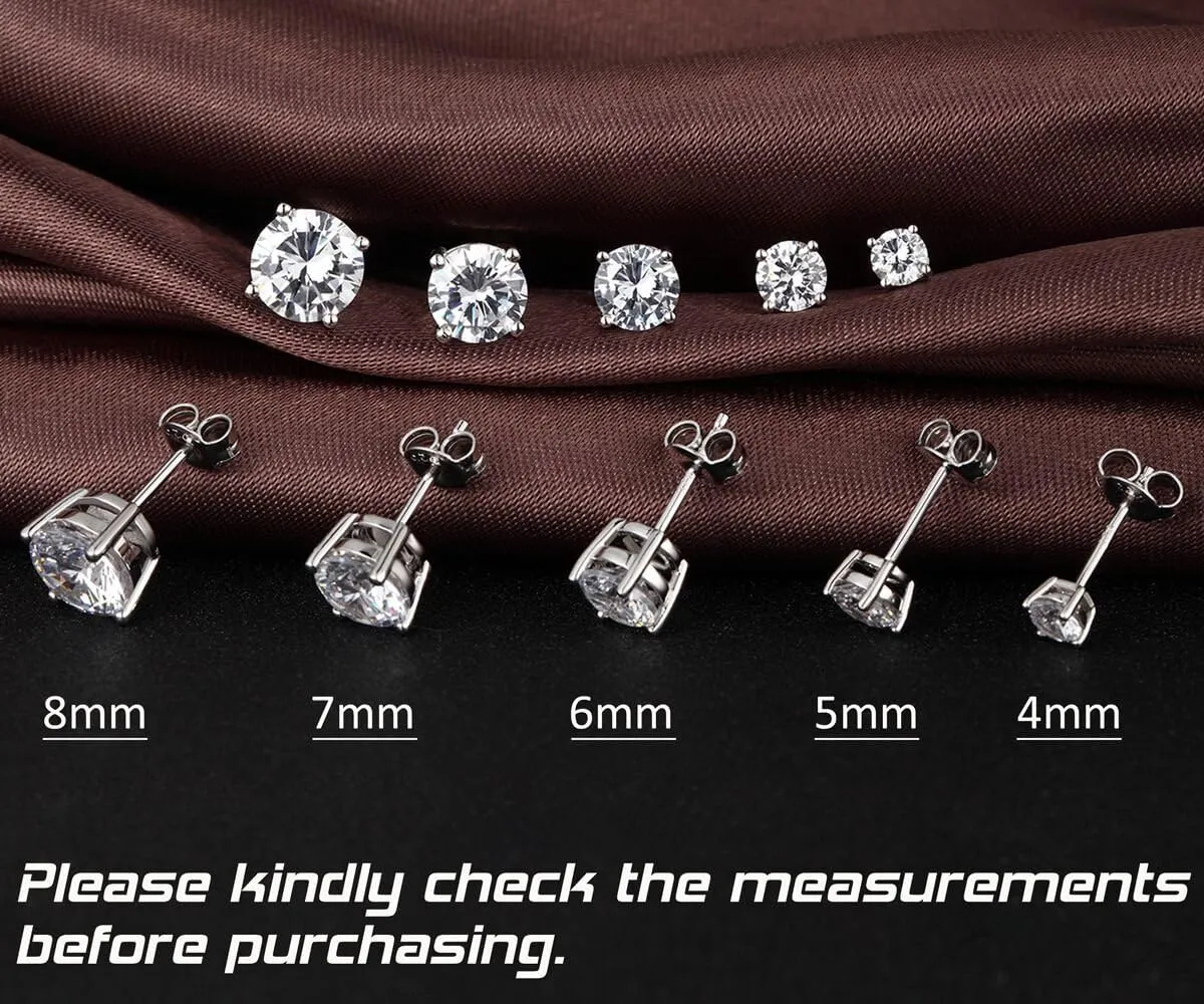 18K White Gold Plated Sparkling CZ Diamond Stud Earrings 925 Sterling Silver Cubic Zirconia Stud Earrings Hypoallergenic Simulated Diamond Stud Earrings for Women/Men 4MM-8MM
