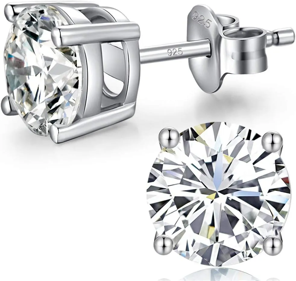 18K White Gold Plated Sparkling CZ Diamond Stud Earrings 925 Sterling Silver Cubic Zirconia Stud Earrings Hypoallergenic Simulated Diamond Stud Earrings for Women/Men 4MM-8MM