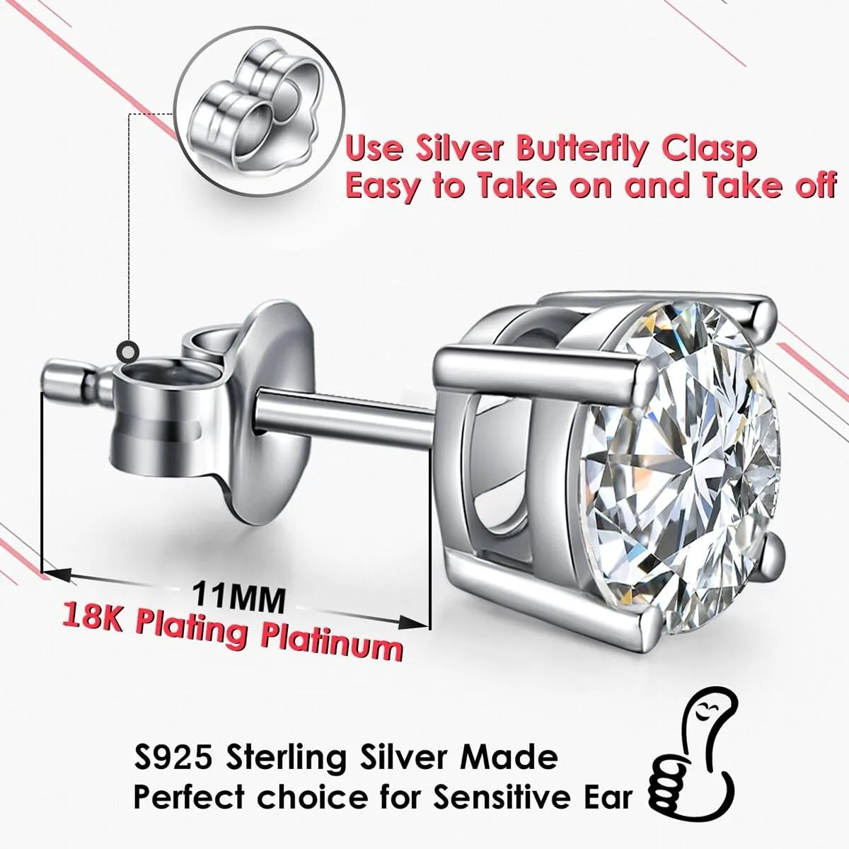 18K White Gold Plated Sparkling CZ Diamond Stud Earrings 925 Sterling Silver Cubic Zirconia Stud Earrings Hypoallergenic Simulated Diamond Stud Earrings for Women/Men 4MM-8MM