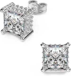 18K White Gold Plated Sterling Silver Pave Square Cubic Zirconia Stud Earrings 4 Prong Princess Cut CZ Simulated Diamond Stud Earrings for Men Women Hypoallergenic