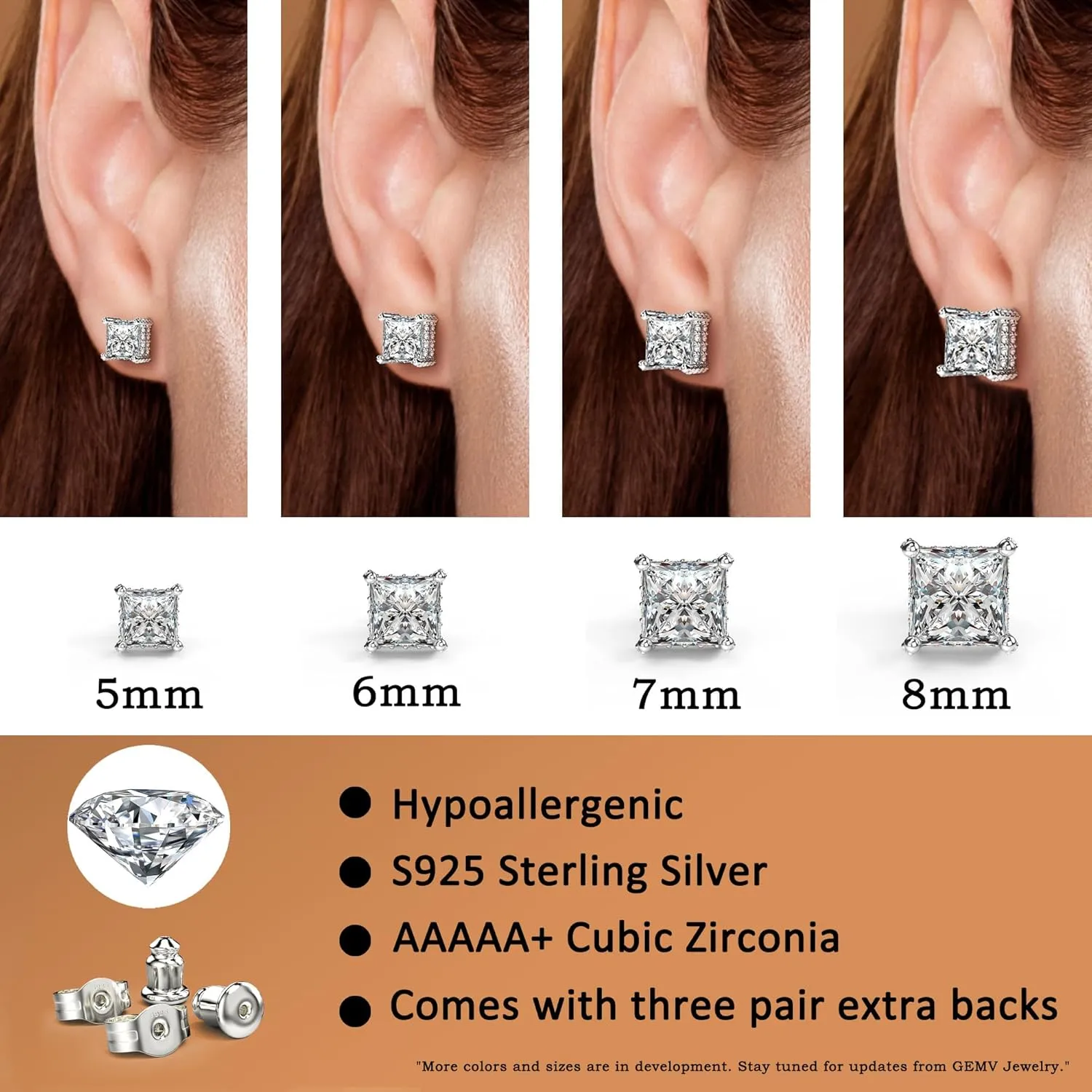 18K White Gold Plated Sterling Silver Pave Square Cubic Zirconia Stud Earrings 4 Prong Princess Cut CZ Simulated Diamond Stud Earrings for Men Women Hypoallergenic