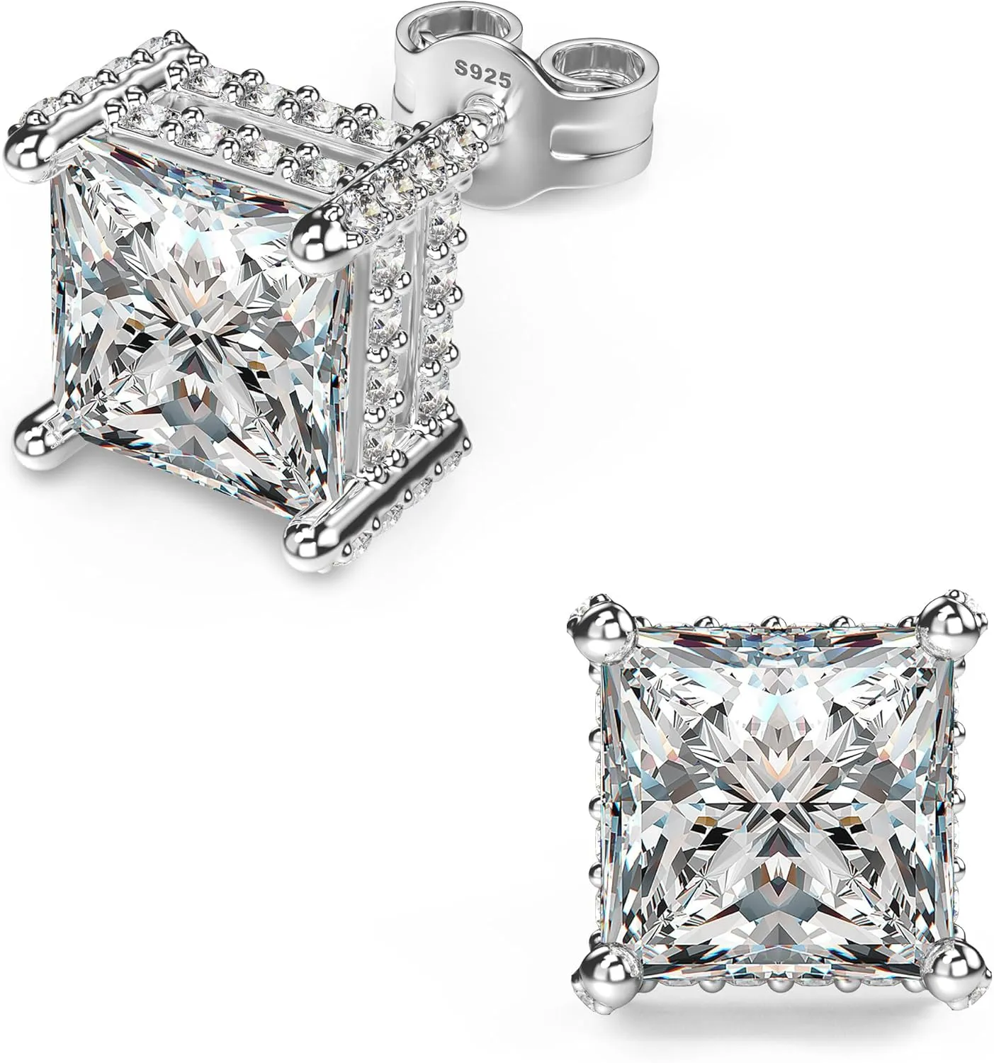 18K White Gold Plated Sterling Silver Pave Square Cubic Zirconia Stud Earrings 4 Prong Princess Cut CZ Simulated Diamond Stud Earrings for Men Women Hypoallergenic