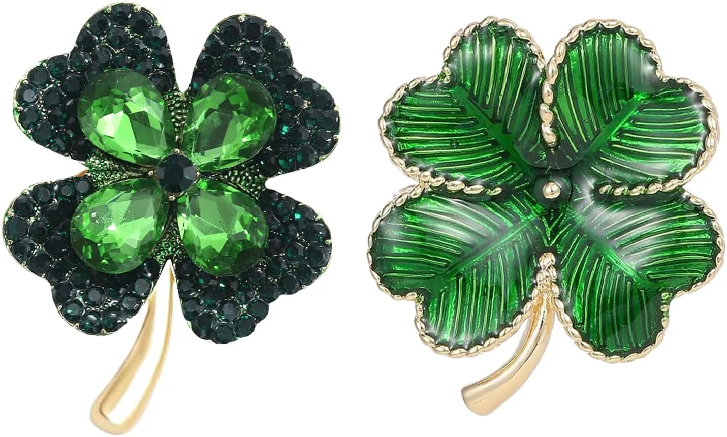2 Pcs St. Patrick's Day Pins,Four Leaf Clover Lapel Pins Good Luck Charm Green Shamrock Clover Pin Brooch for Women Irish Cultural Celebration St Patricks Day Accessories Jewelry Gift