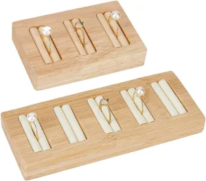 2 Style 3-Slot Bamboo Ring Display Holder 5-Slot Lemon Chiffon Jewelry Stand Rectangle Luxurious Display Tray Imitation Leather Interior Storage Holder for Earrings Necklace Display