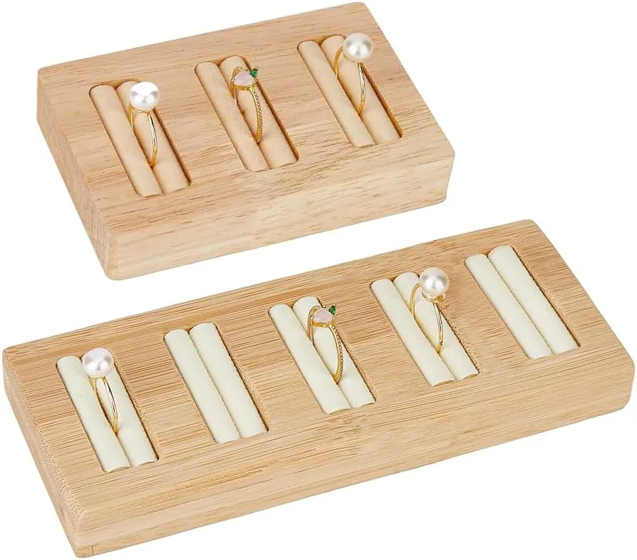 2 Style 3-Slot Bamboo Ring Display Holder 5-Slot Lemon Chiffon Jewelry Stand Rectangle Luxurious Display Tray Imitation Leather Interior Storage Holder for Earrings Necklace Display