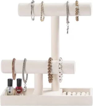 2 Tier Jewelry Organizer Holder,Bracelet Necklace Stand with Rings Tray,Beige Velvet Jewelry Displays for Girls.