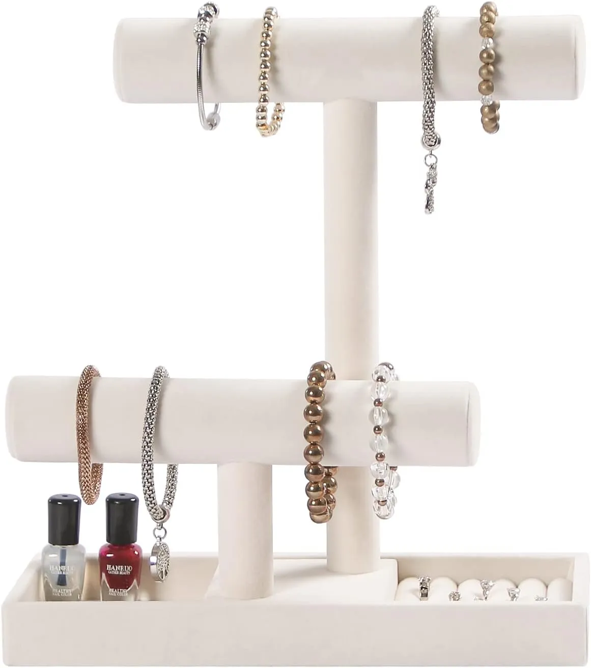 2 Tier Jewelry Organizer Holder,Bracelet Necklace Stand with Rings Tray,Beige Velvet Jewelry Displays for Girls.