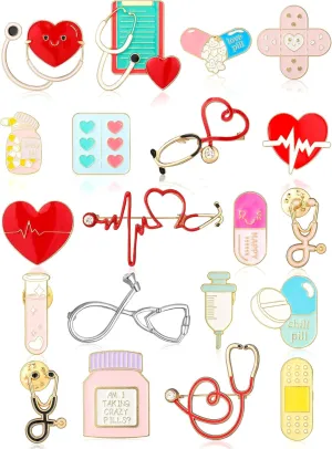 20 Pcs Nurse Enamel Pins for Badge Nursing Pins Bulk Cute Cartoon Doctor Stethoscope Pill Syringe Lapel Pins Backpack Pin for Nurse Day Gifts Hat Jacket Bag Decor(Nurse Style)