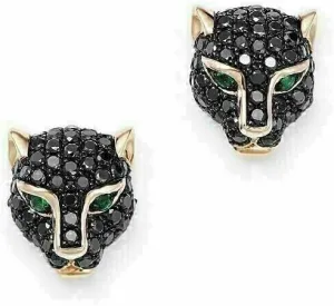2.00 Ct Round Cut Simulated Black Diamond Panther Women's Stud Earring In 14K Yellow Gold Finish 925 Silver