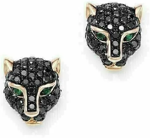 2.00 Ct Round Cut Simulated Black Diamond Panther Women's Stud Earring In 14K Yellow Gold Finish 925 Silver