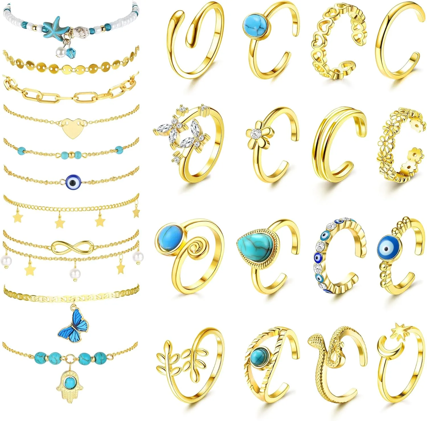 26PCs Toe Rings and Anklet Set for Women - Silver Gold Plated Layered Ankle Bracelets With Turquoise Evil Eye - Adjustable Beach Foot Jewelry