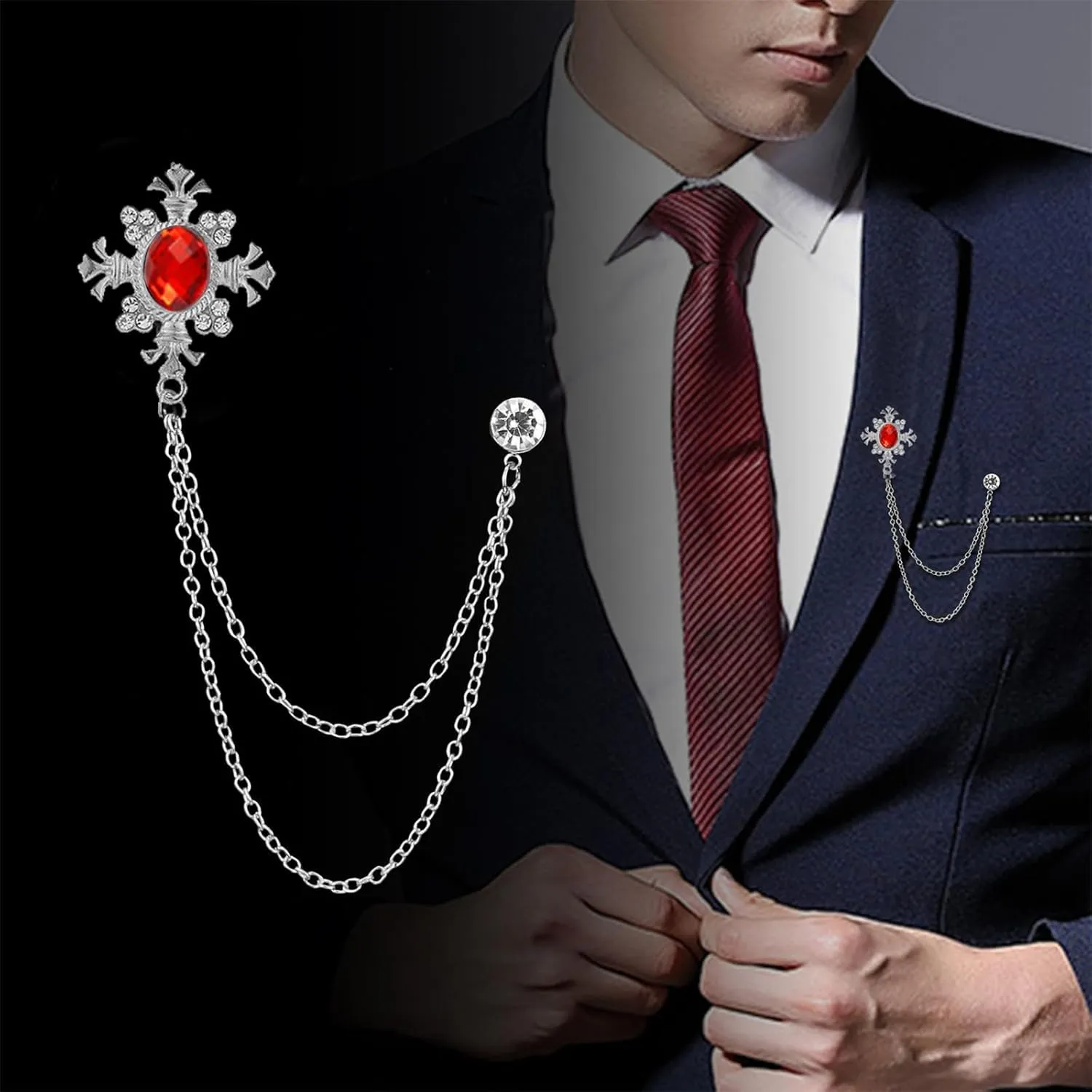 2PCS Long Chain Brooch Crystal Tassel Brooch Pin Gem Brooch Fashion Scarf Tie Pins for Women Men Wedding