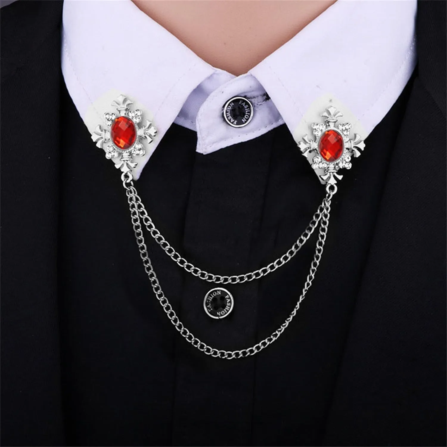 2PCS Long Chain Brooch Crystal Tassel Brooch Pin Gem Brooch Fashion Scarf Tie Pins for Women Men Wedding
