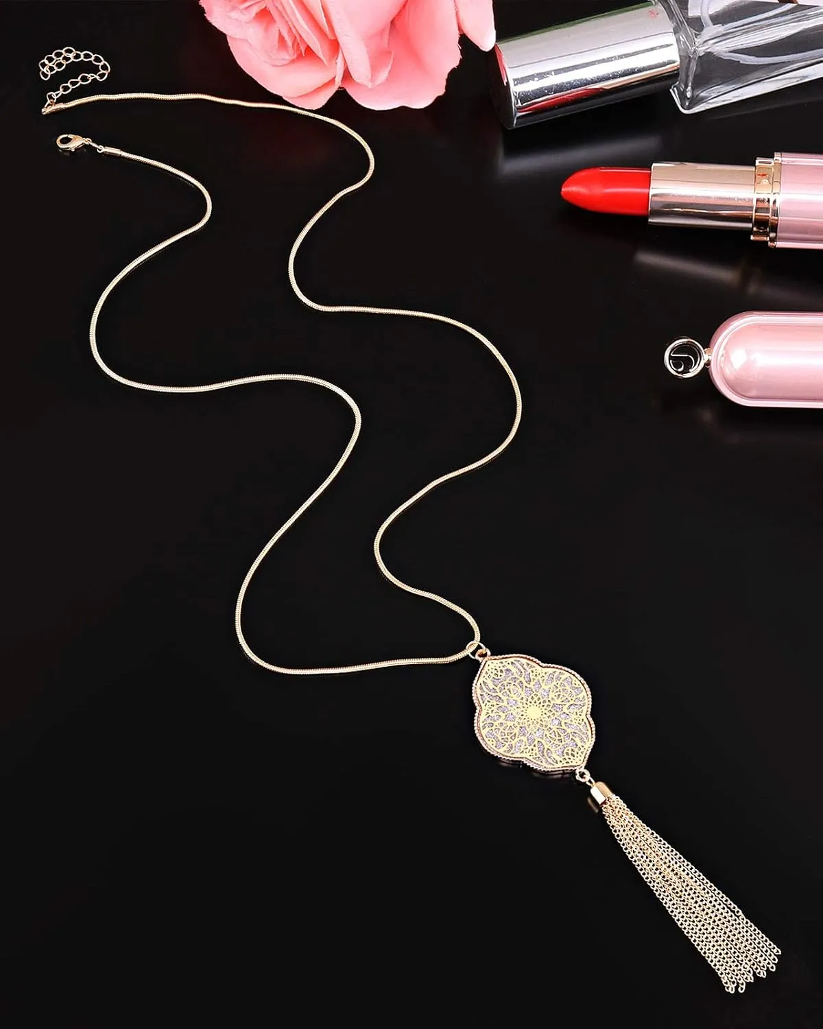 2Pcs Long Chain Pendant Necklace Set, Filigree Quatrefoil and Celtic Knot Pendant Tassel Y Necklaces for Women