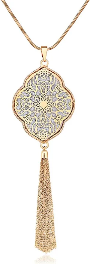 2Pcs Long Chain Pendant Necklace Set, Filigree Quatrefoil and Celtic Knot Pendant Tassel Y Necklaces for Women