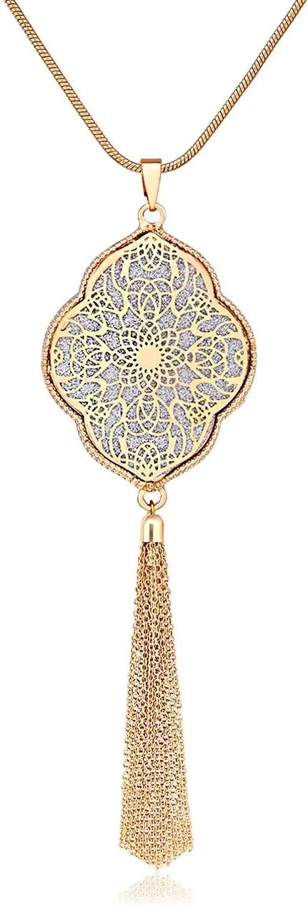 2Pcs Long Chain Pendant Necklace Set, Filigree Quatrefoil and Celtic Knot Pendant Tassel Y Necklaces for Women