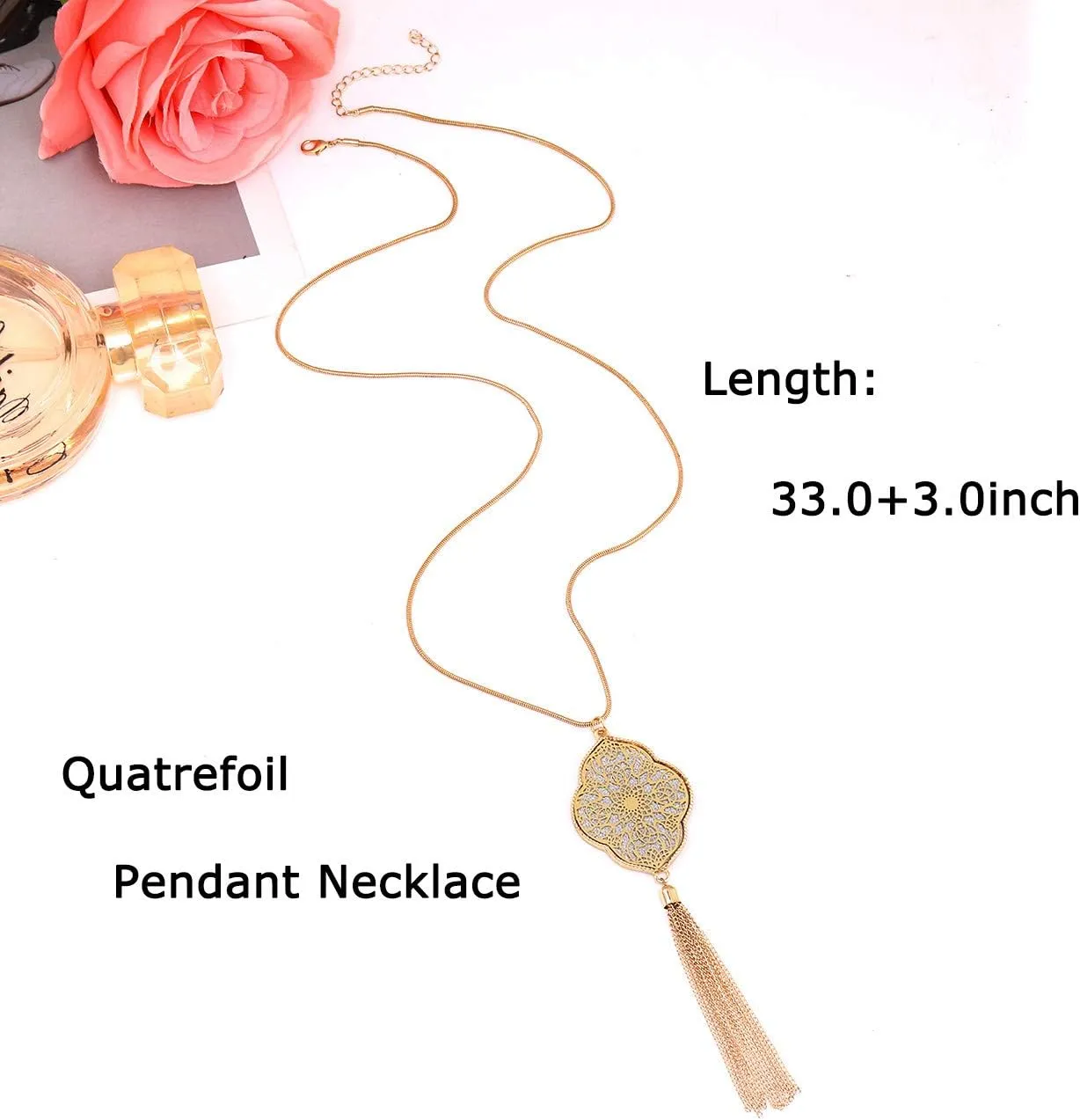 2Pcs Long Chain Pendant Necklace Set, Filigree Quatrefoil and Celtic Knot Pendant Tassel Y Necklaces for Women
