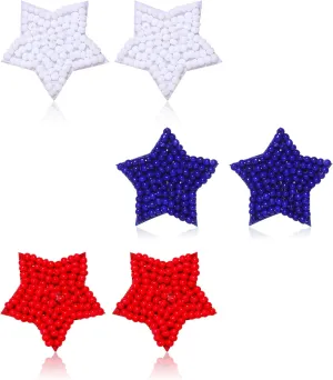 3 Pairs American Flag Stud Earrings for Women Patriotic Red White Blue Stars Beaded Earrings 4th of July Independence Day Holiday Jewelry Gifts (3PCS star stud)
