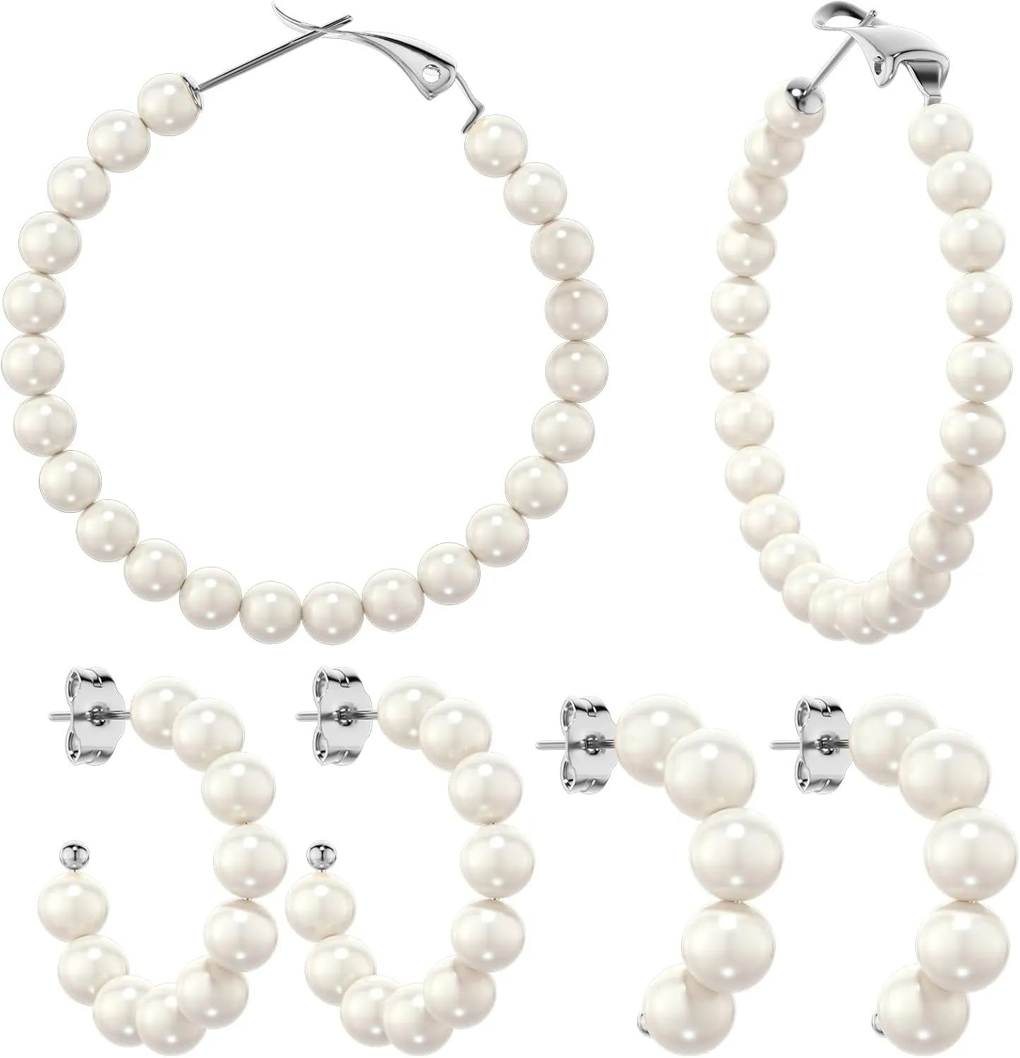 3 Pairs Pearl Earrings for Women - Gold Plated Lightweight Open Large Circle Round Pearl Earrings, 316L Surgical Steel Hypoallergenic, Valentines Day Gift.