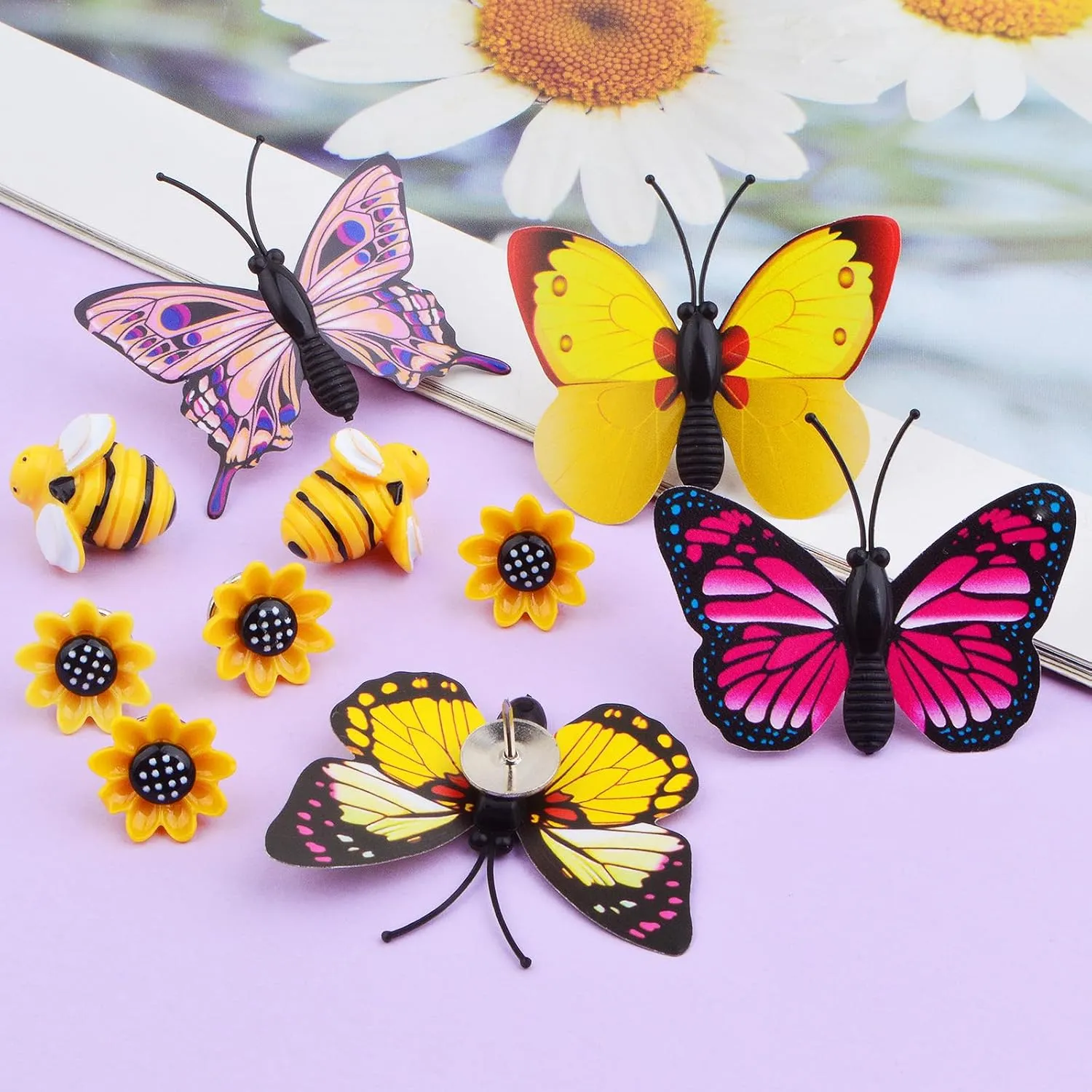 30pcs Mixed Styles Creative Decorative Push Pins Cute Sunflower Bee Butterfly Pushpins Thumb Tacks with a Box for Photos Wall Office Cork/Bulletin Boards Decoration